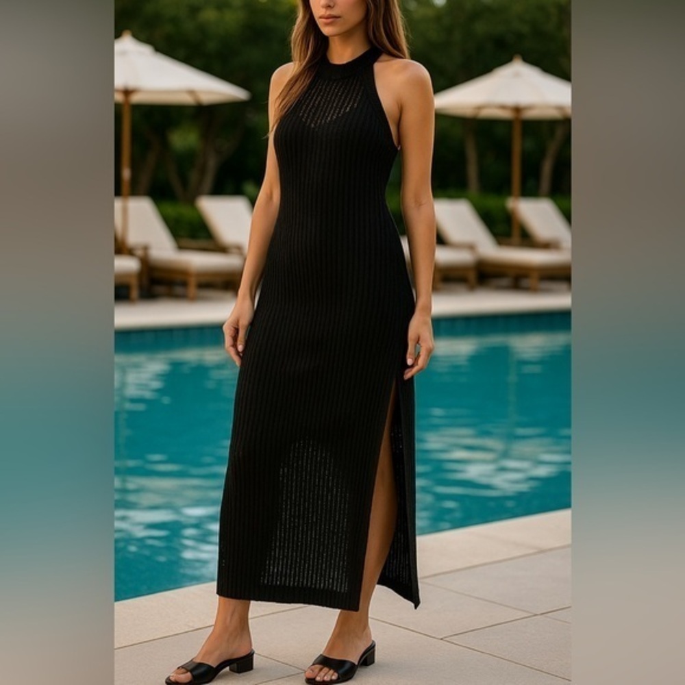 Tahari Women's Black Sweater Knit Crochet Dress or Swim Coverup NWT XS #2324